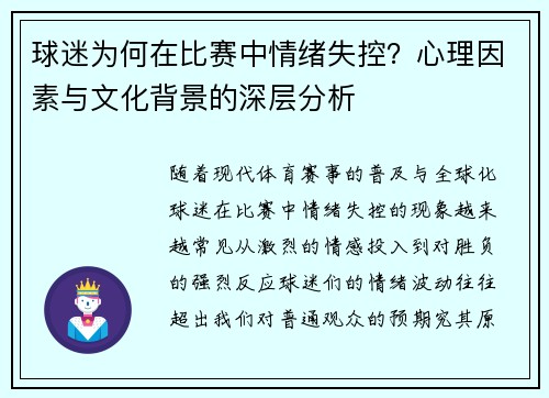 球迷为何在比赛中情绪失控？心理因素与文化背景的深层分析